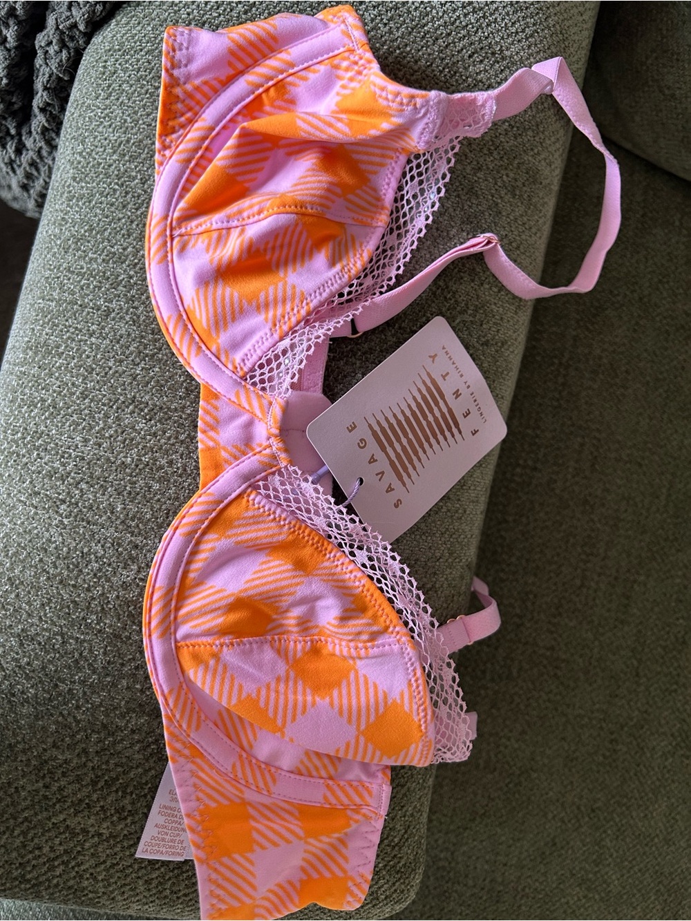 Savage X Fenty Pink and Orange Plaid Lace-Trim Underwire Bra